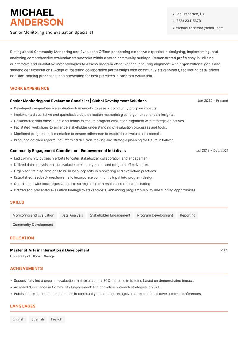 Community Monitoring and Evaluation Officer Resume Template
