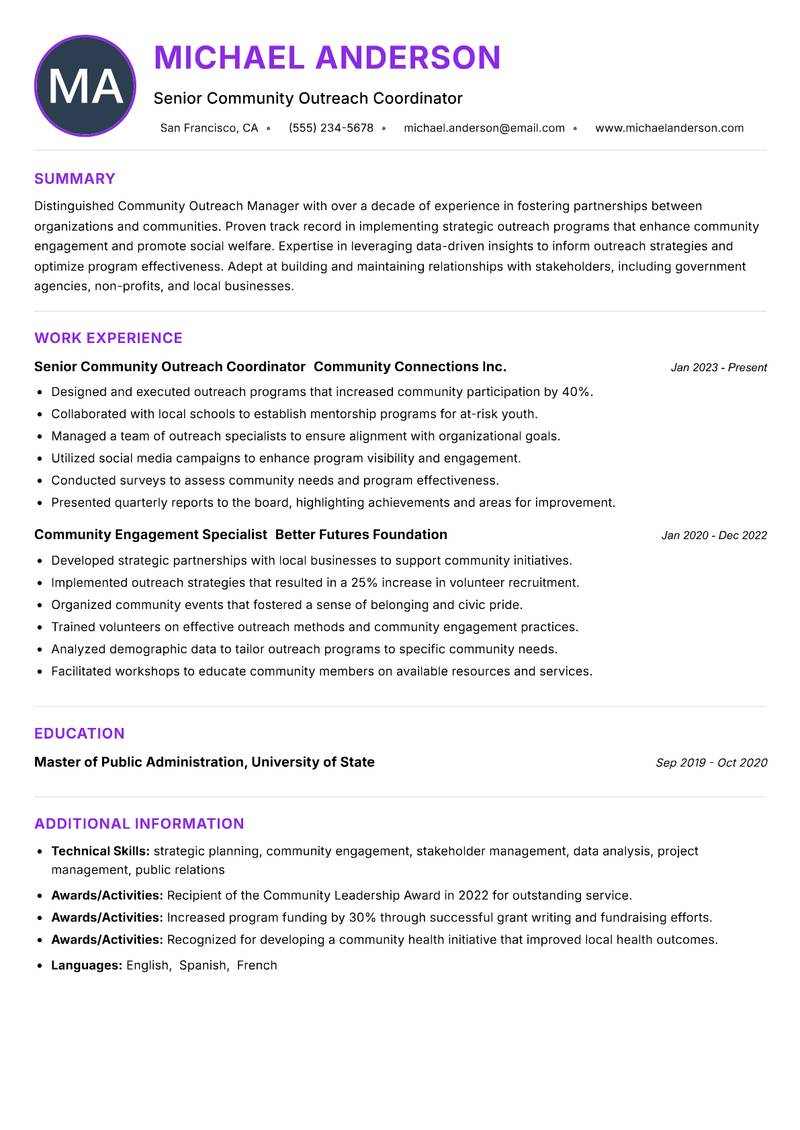 Community Outreach Manager Resume Preview Example