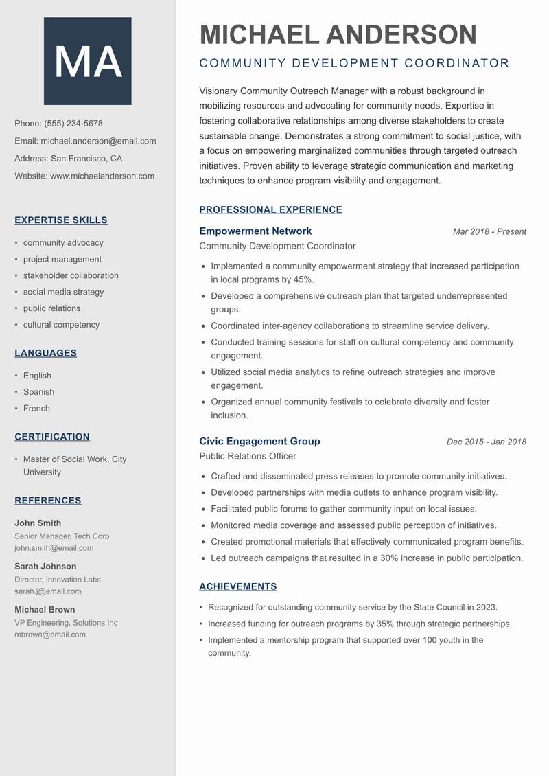 Community Outreach Manager Resume Preview Example