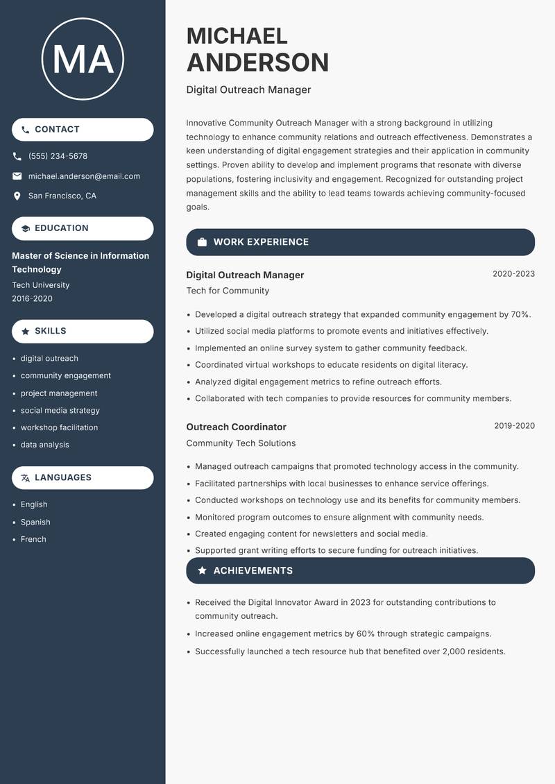 Community Outreach Manager Resume Preview Example