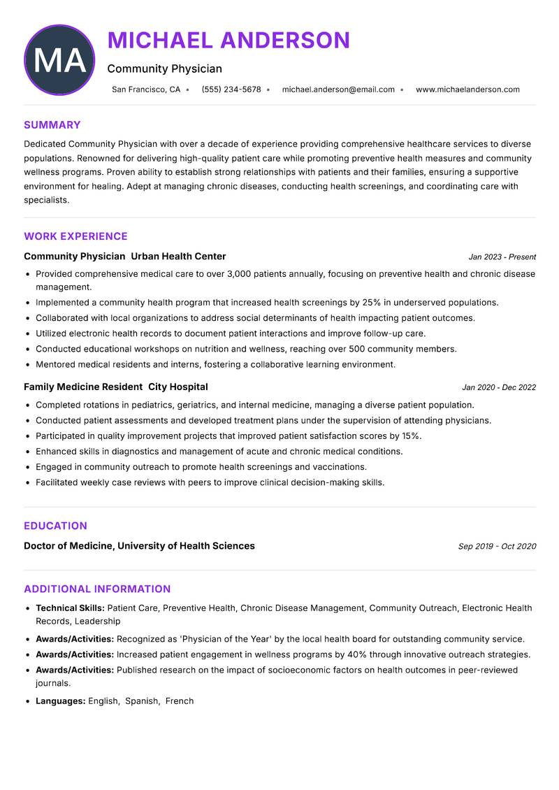 Community Physician Resume Preview Example