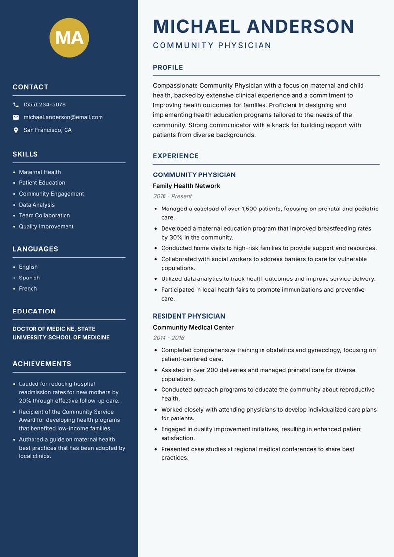 Community Physician Resume Preview Example