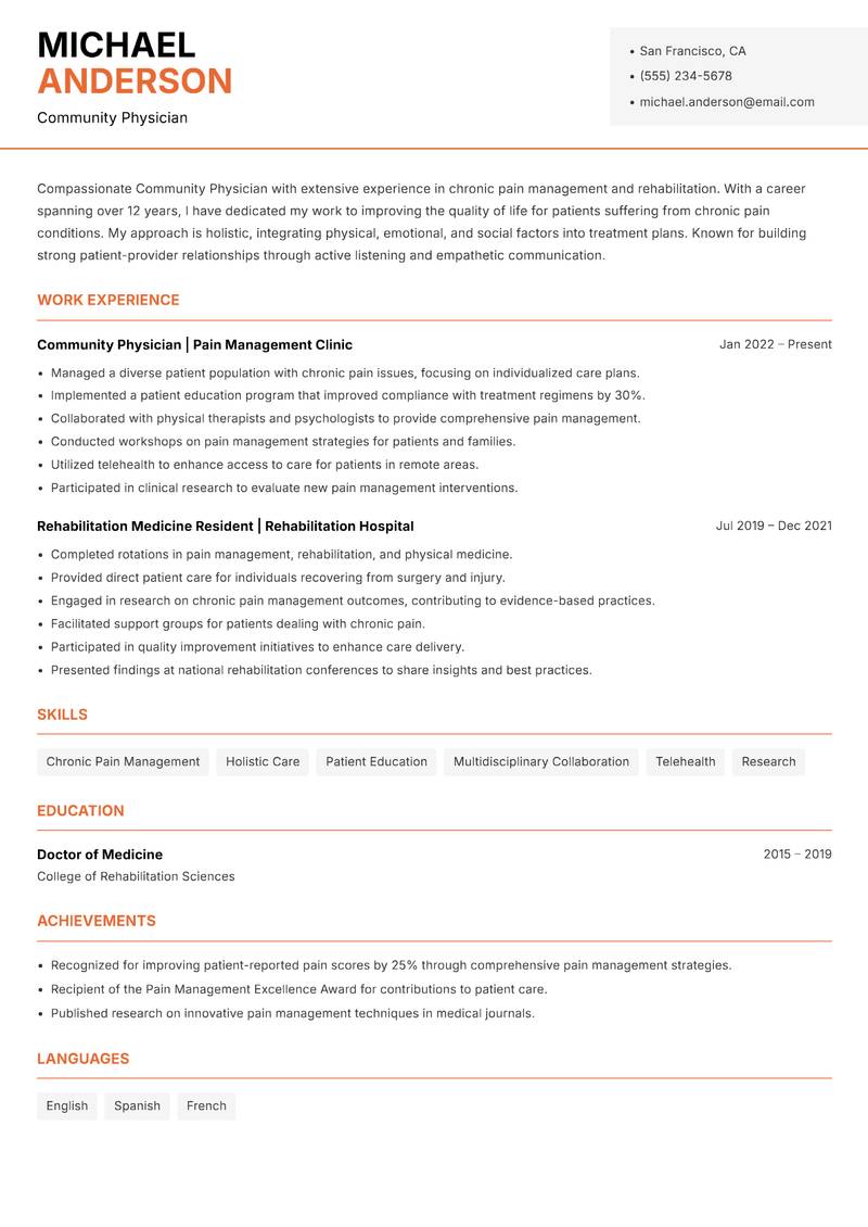 Community Physician Resume Template