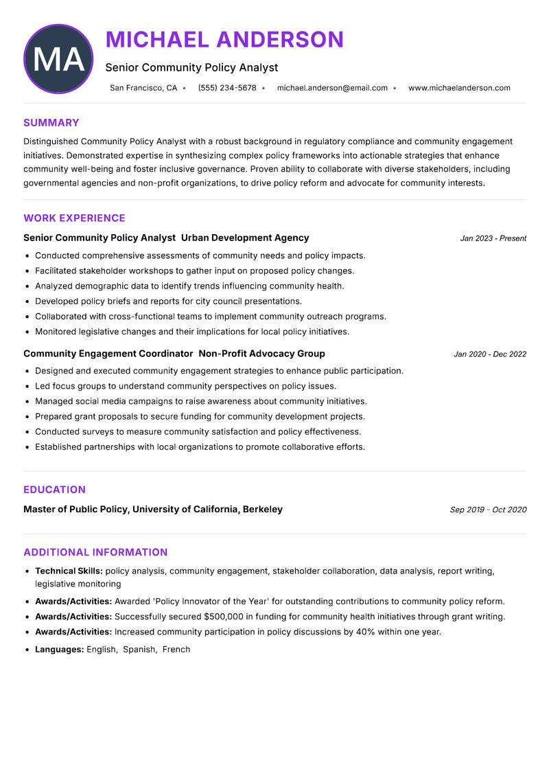 Community Policy Analyst Resume Preview Example