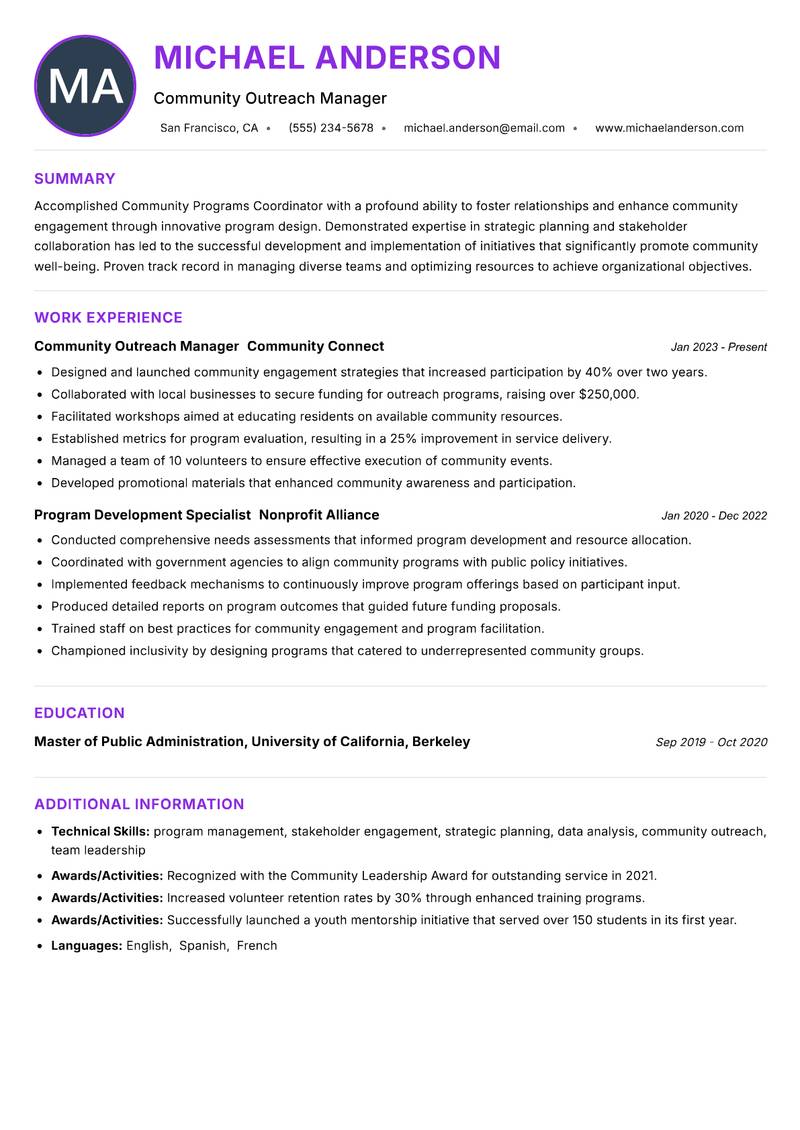 Community Programs Coordinator Resume Preview Example