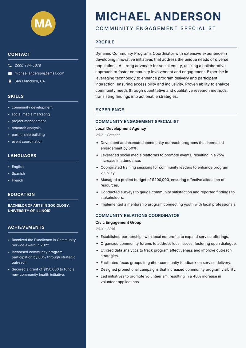 Community Programs Coordinator Resume Preview Example