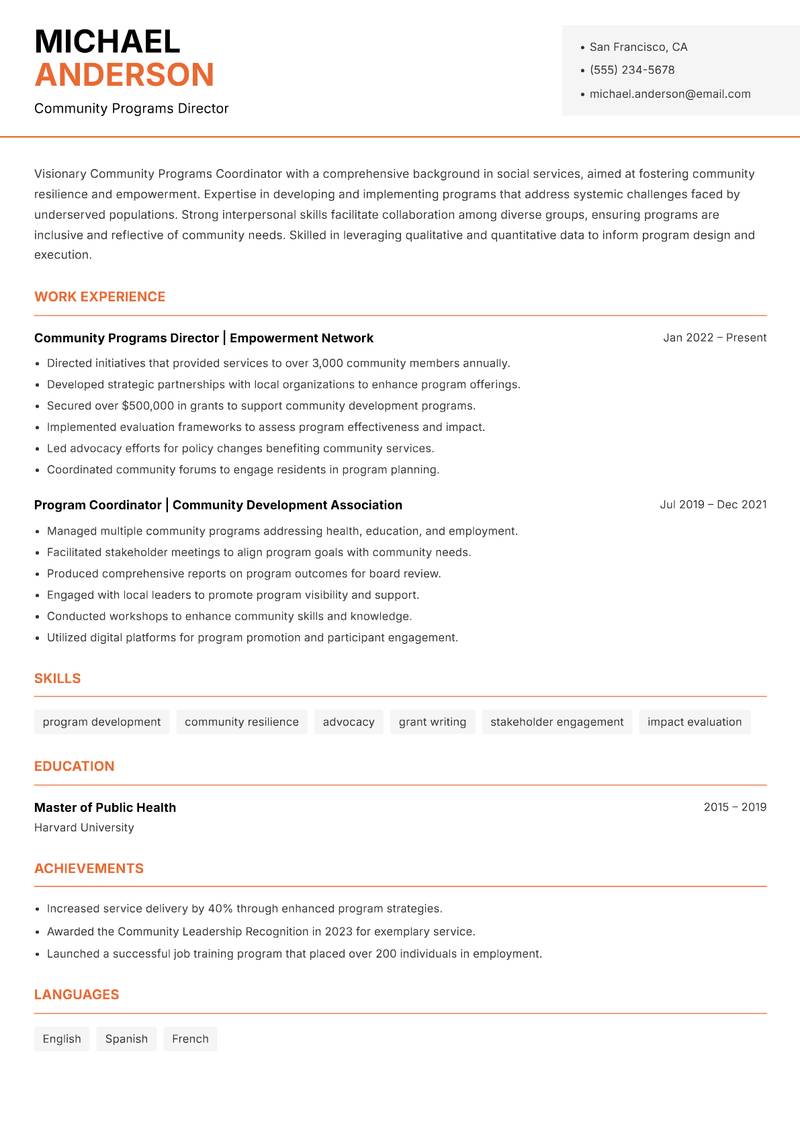 Community Programs Coordinator Resume Template