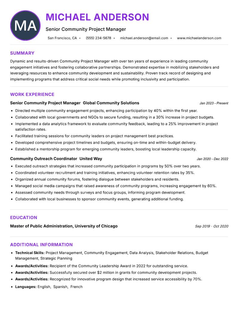 Community Project Manager Resume Preview Example