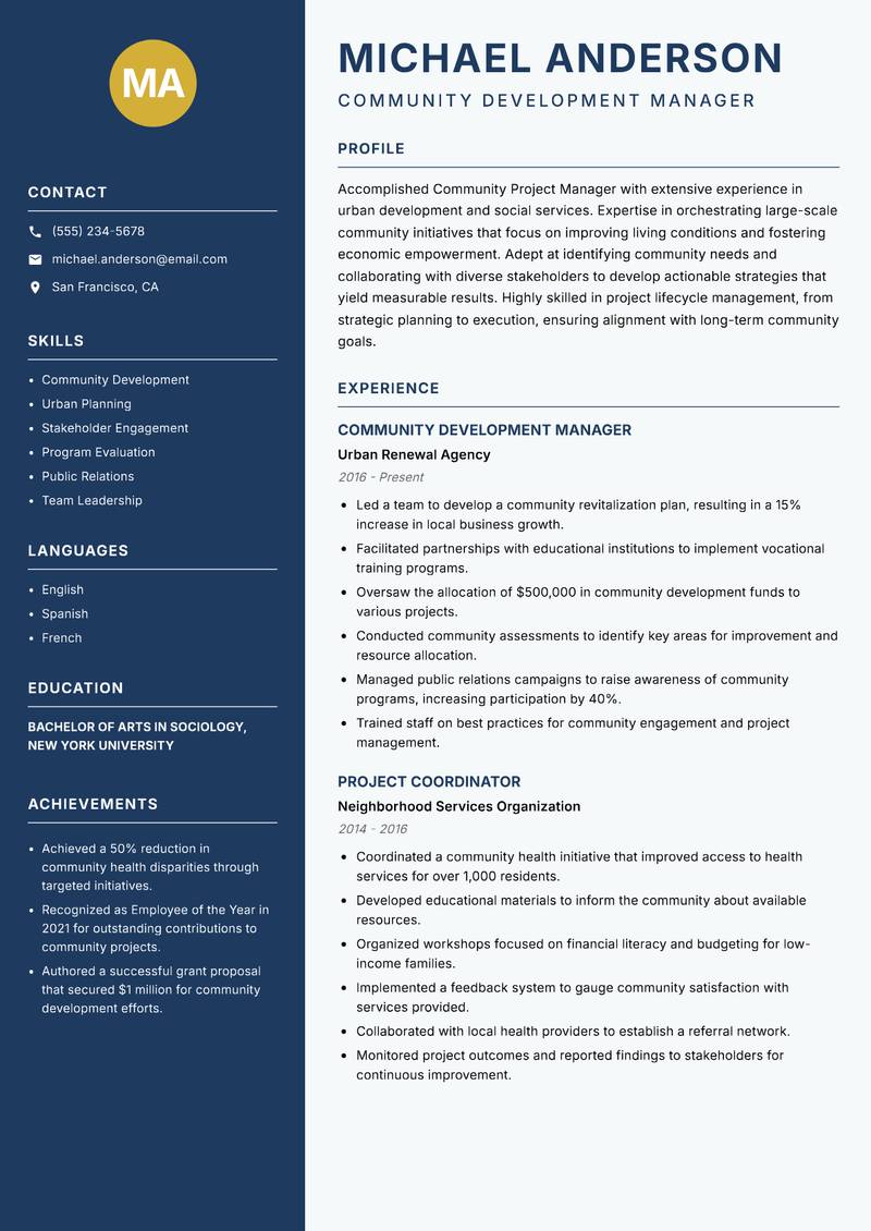 Community Project Manager Resume Preview Example