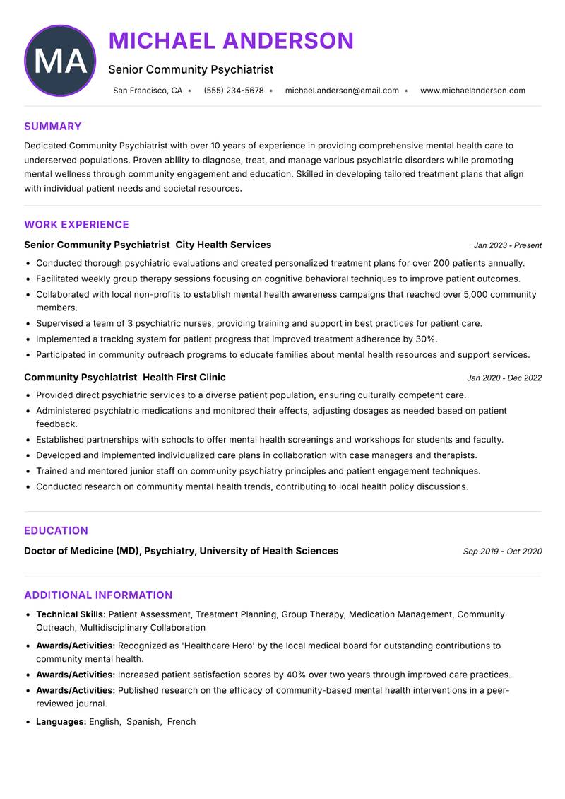 Community Psychiatrist Resume Preview Example
