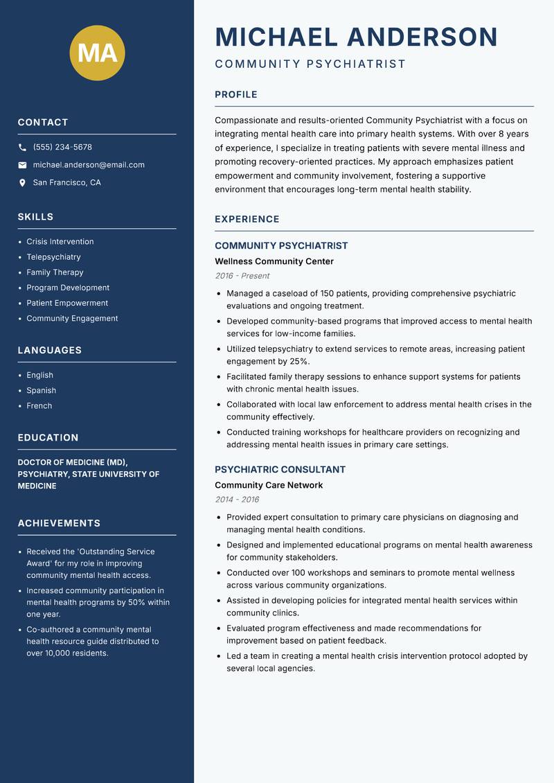Community Psychiatrist Resume Preview Example