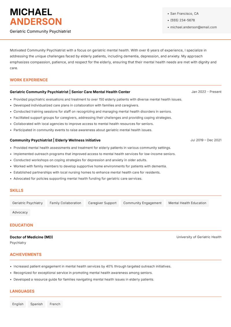 Community Psychiatrist Resume Template