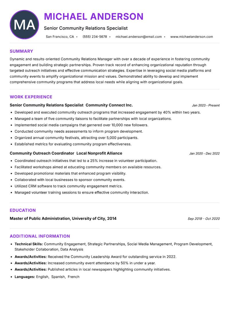 Community Relations Manager Resume Preview Example