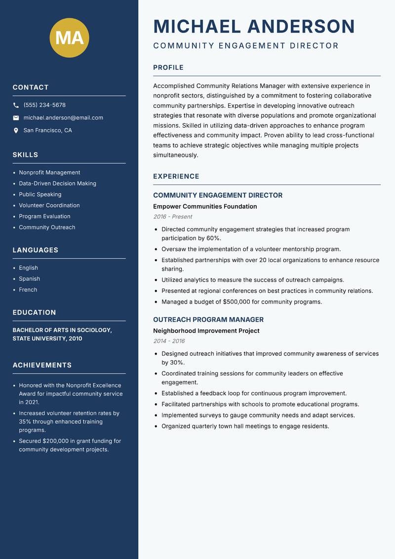 Community Relations Manager Resume Preview Example