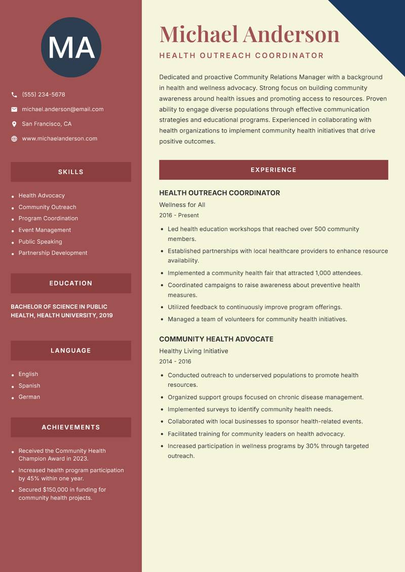 Community Relations Manager Resume Preview Example