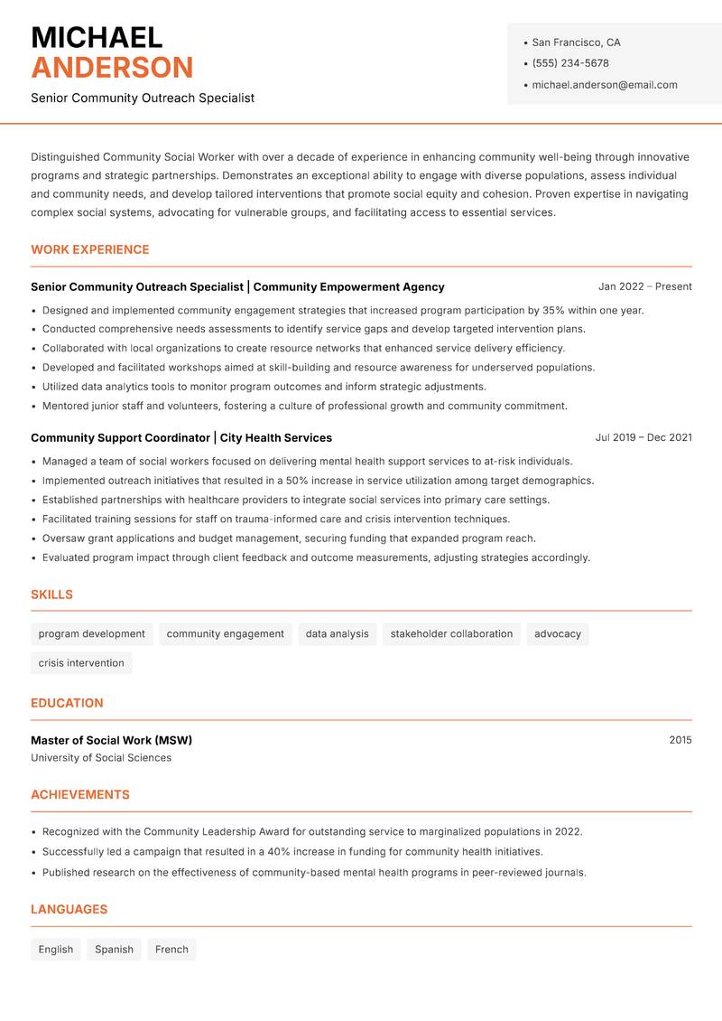 Community Social Worker Resume Template