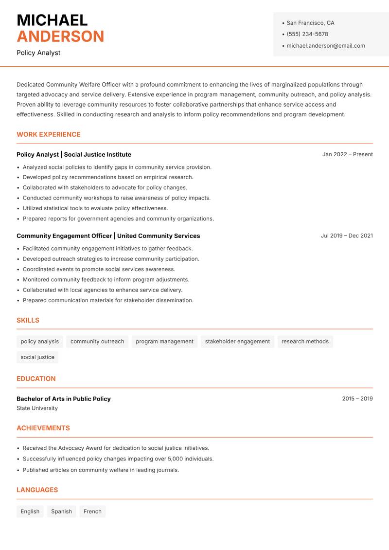 Community Welfare Officer Resume Template