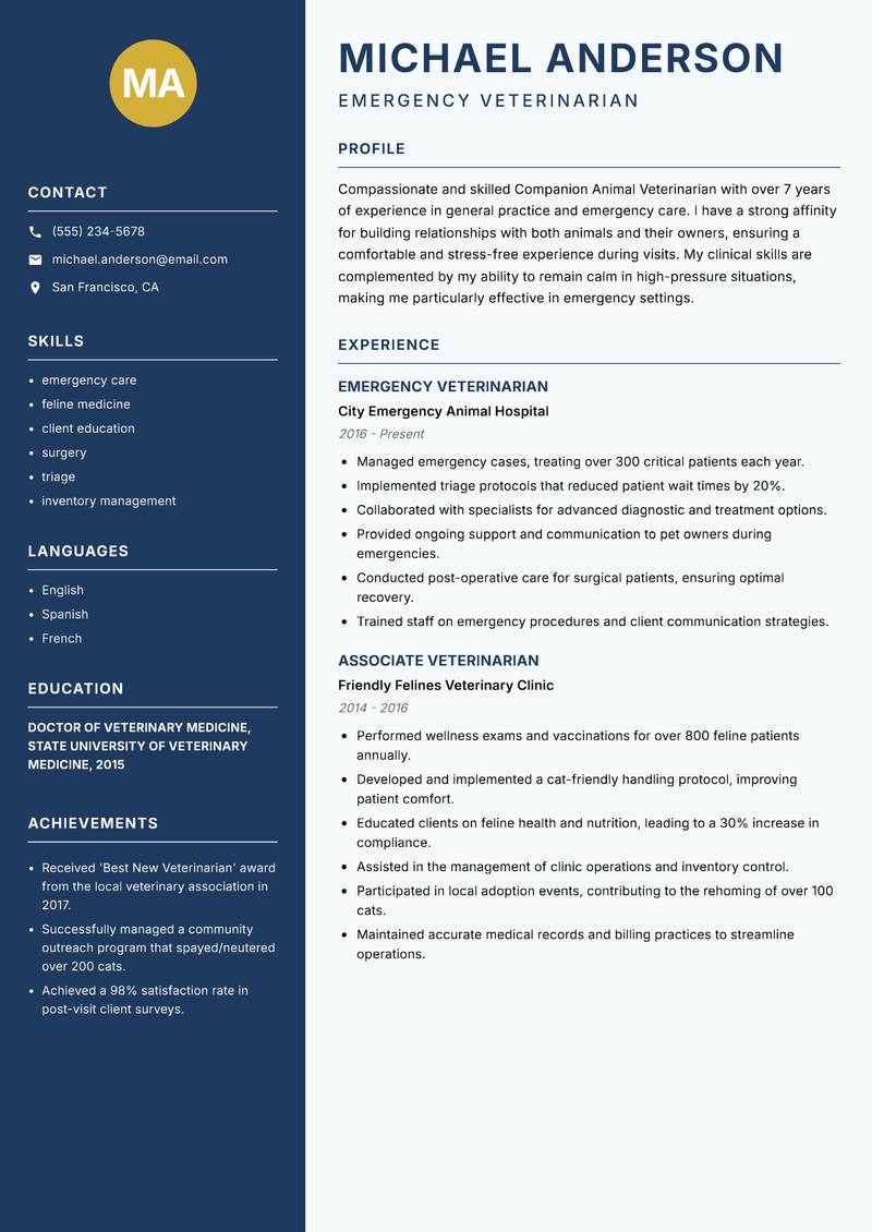 Companion Animal Veterinarian Resume Preview Example