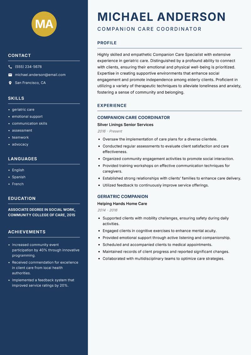Companion Care Specialist Resume Preview Example
