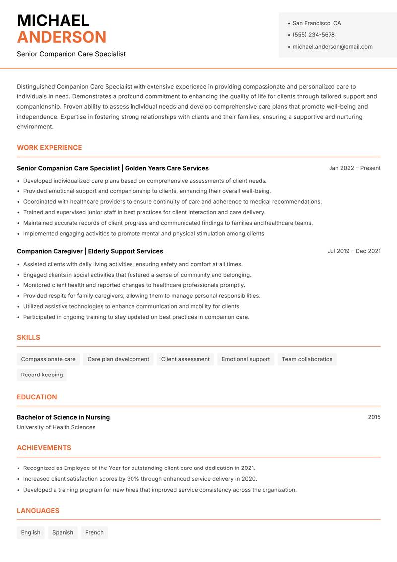 Companion Care Specialist Resume Template