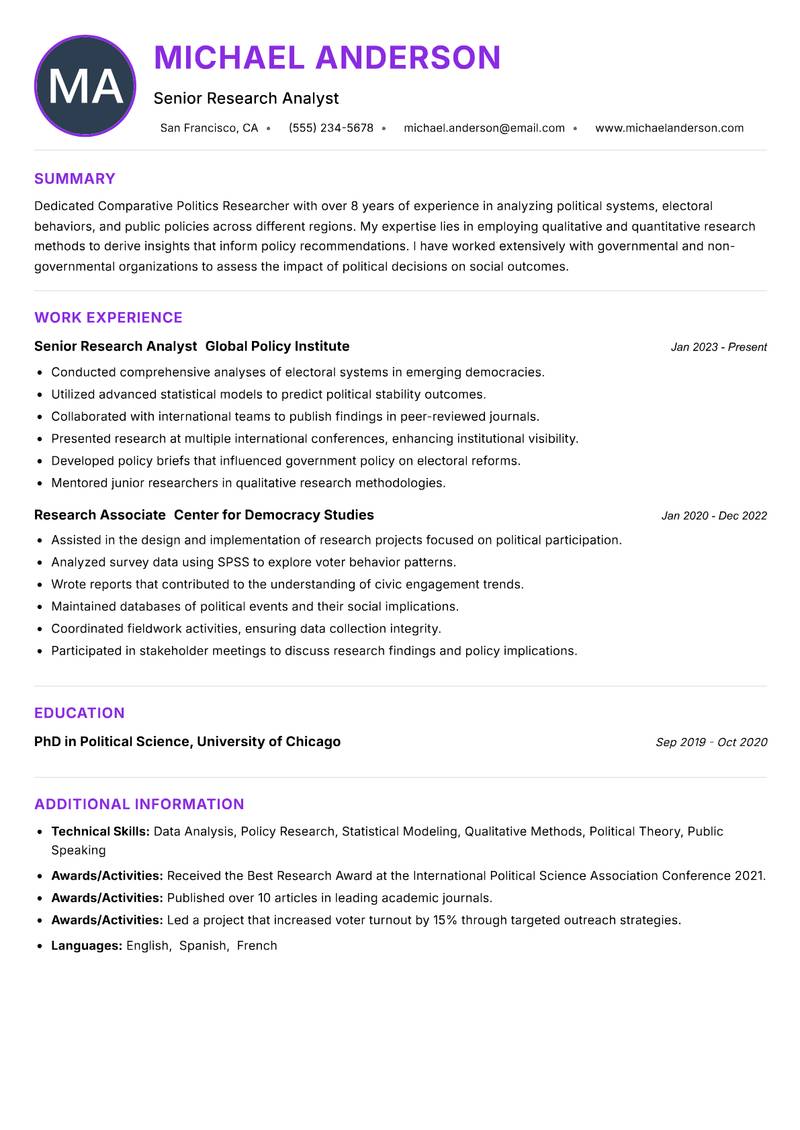Comparative Politics Researcher Resume Preview Example