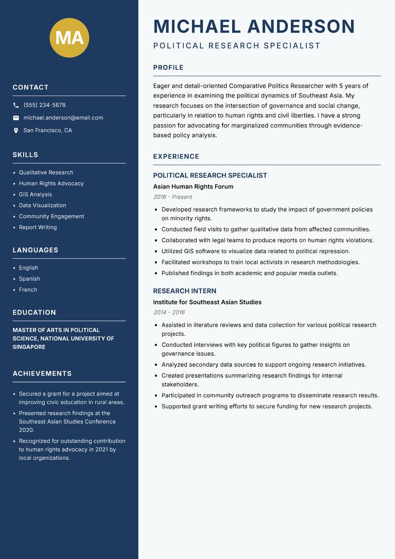 Comparative Politics Researcher Resume Preview Example