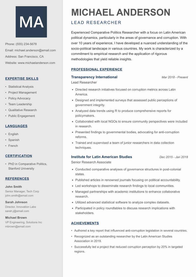 Comparative Politics Researcher Resume Preview Example