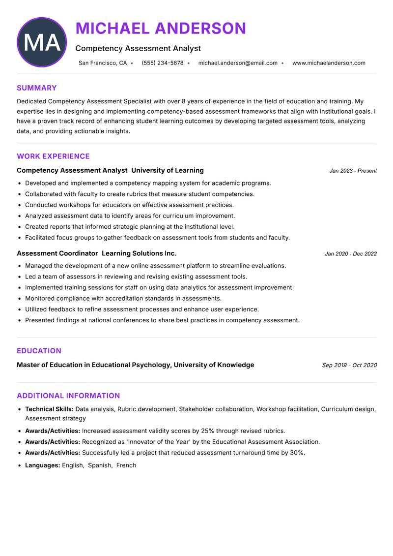 Competency Assessment Specialist Resume Preview Example