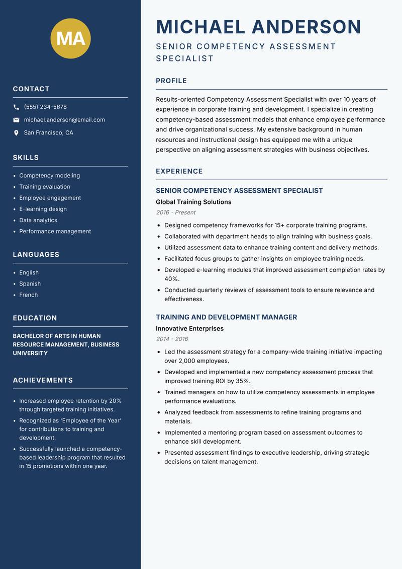 Competency Assessment Specialist Resume Preview Example