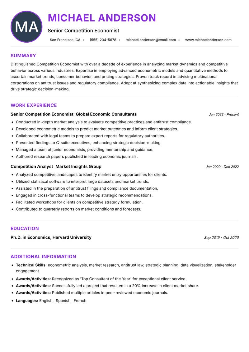 Competition Economist Resume Preview Example
