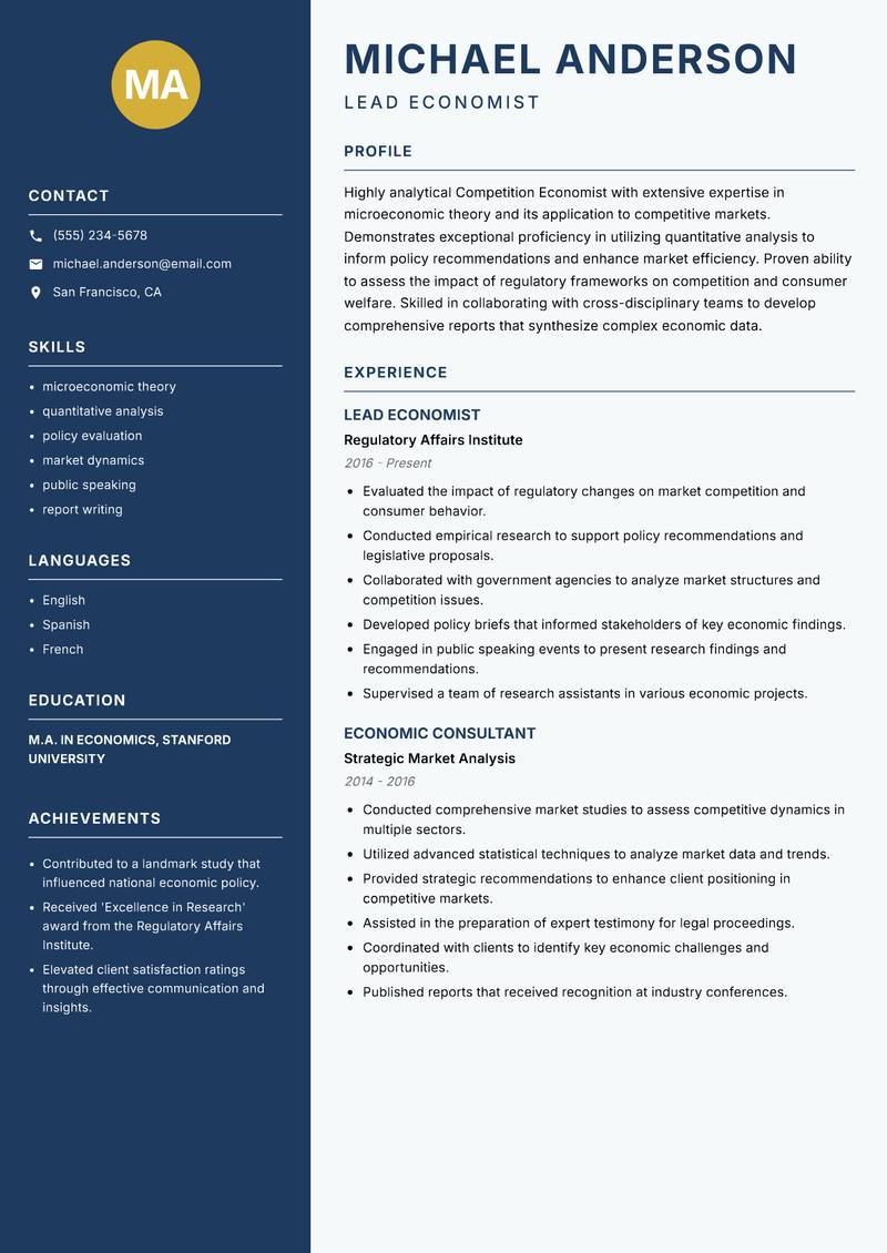 Competition Economist Resume Preview Example