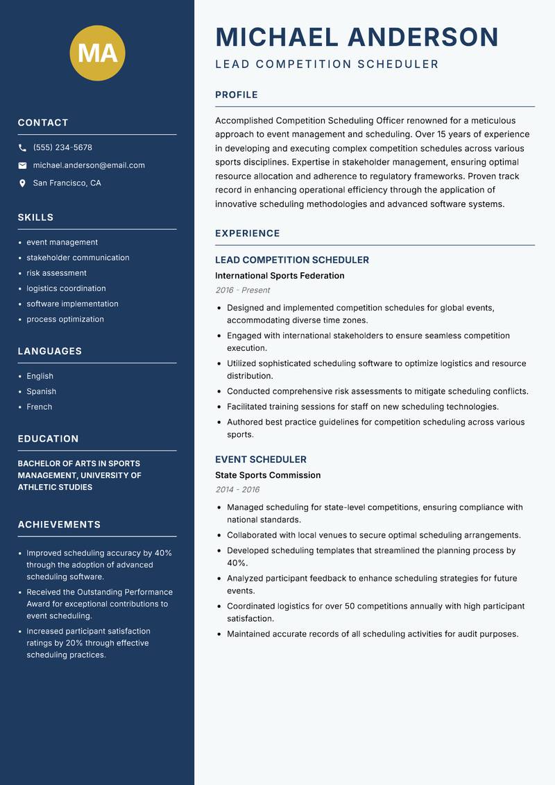 Competition Scheduling Officer Resume Preview Example