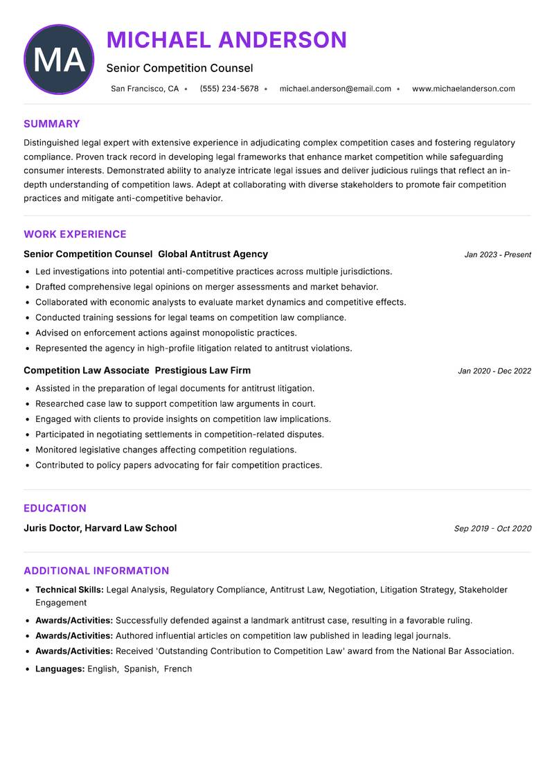 Competition Tribunal Member Resume Preview Example