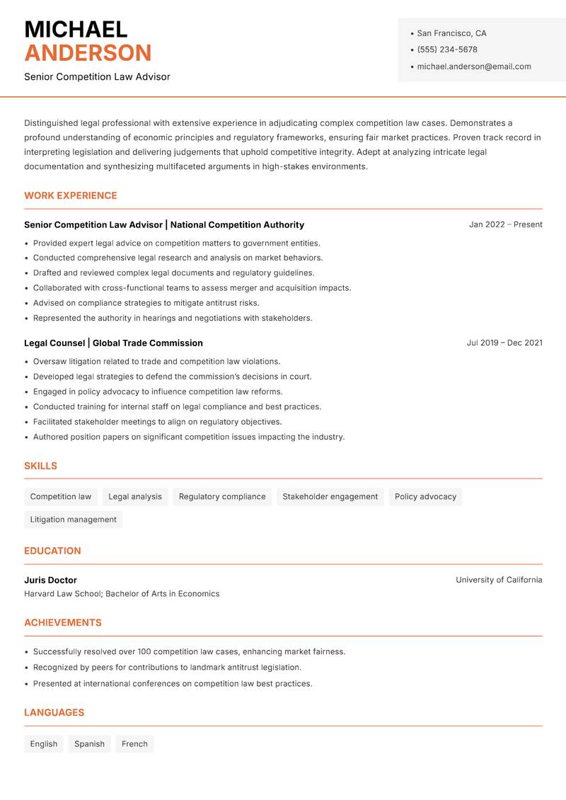 Competition Tribunal Member Resume Template