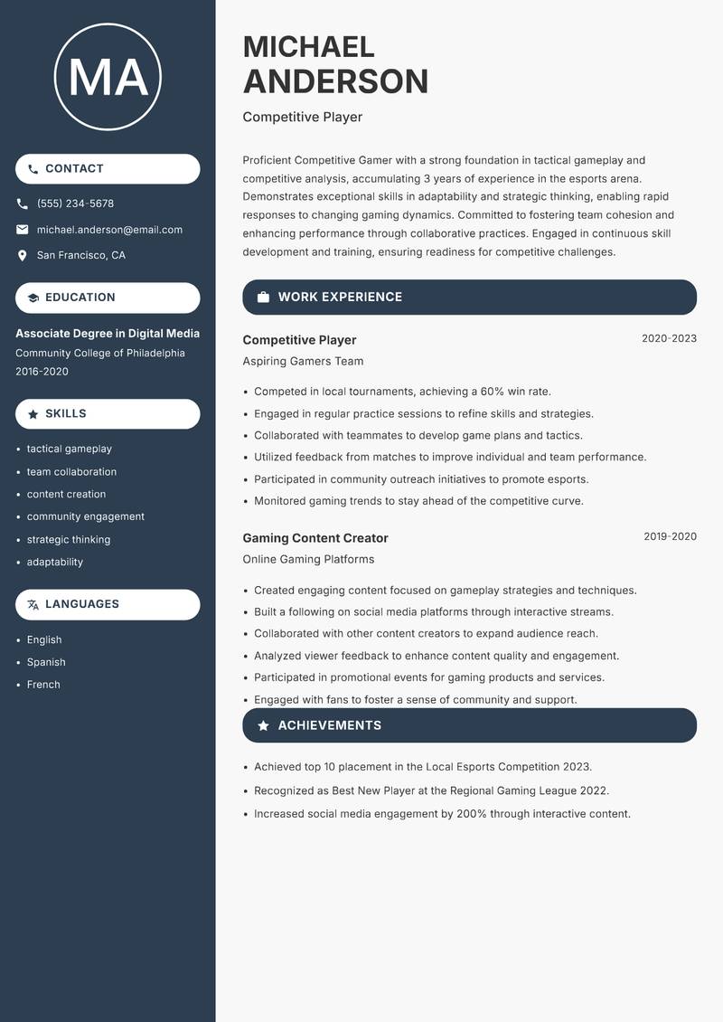 Competitive Gamer Resume Preview Example