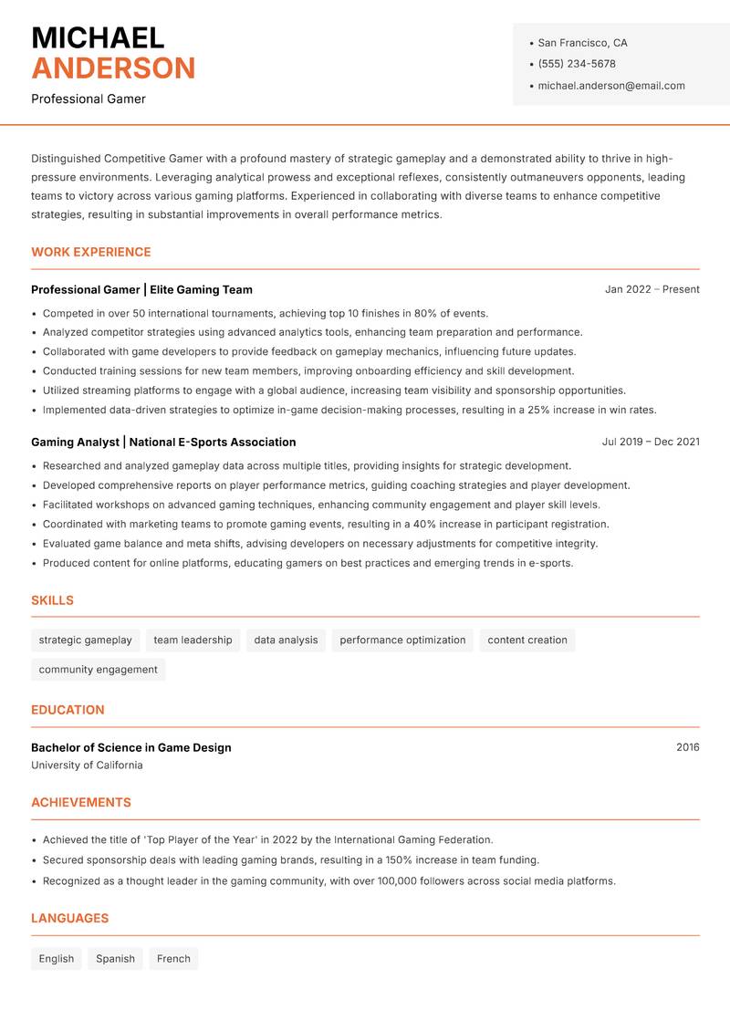 Competitive Gamer Resume Template