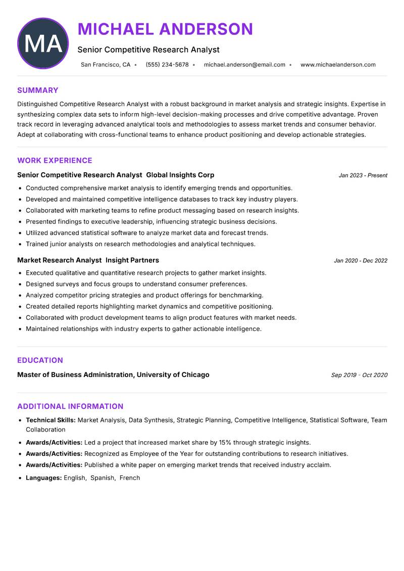 Competitive Research Analyst Resume Preview Example