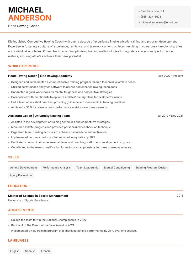 Competitive Rowing Coach Resume Template