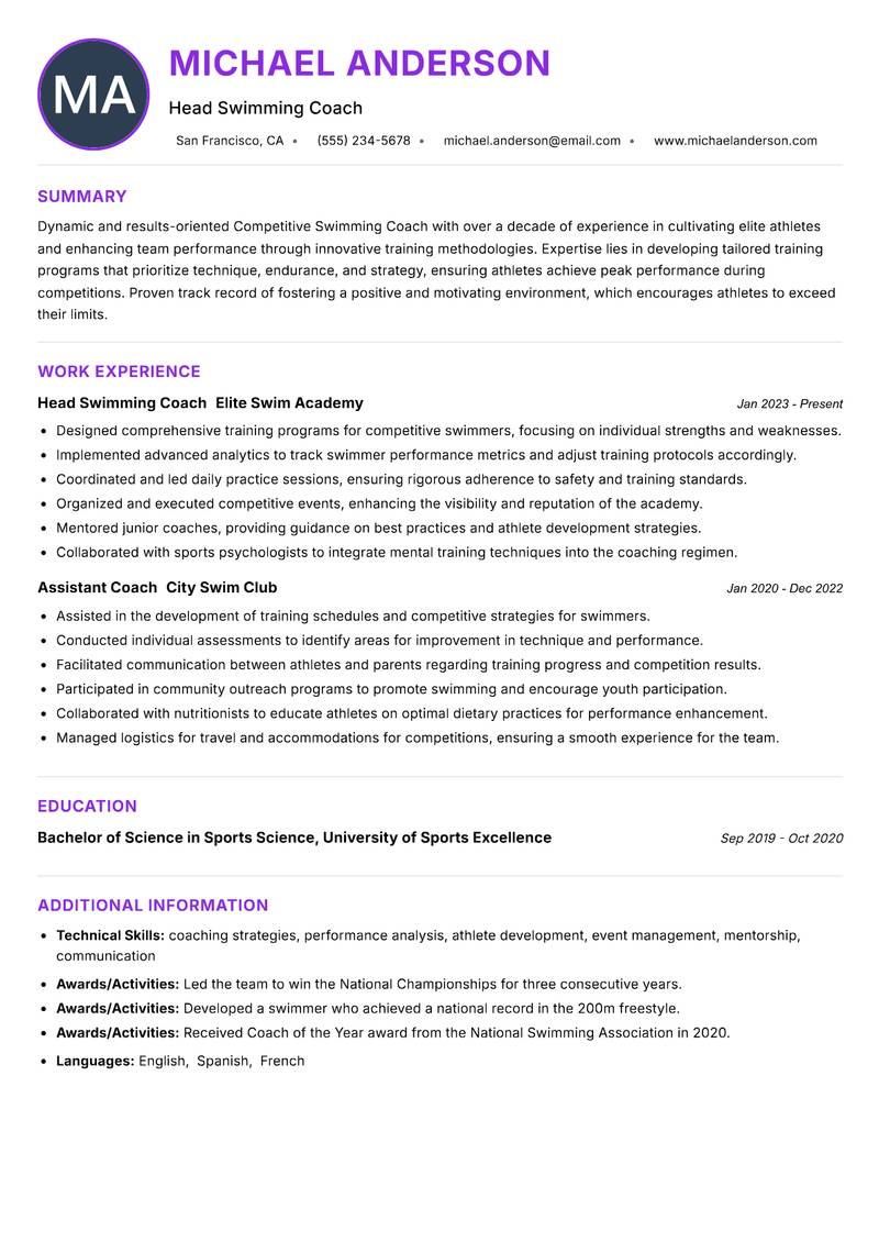 Competitive Swimming Coach Resume Preview Example