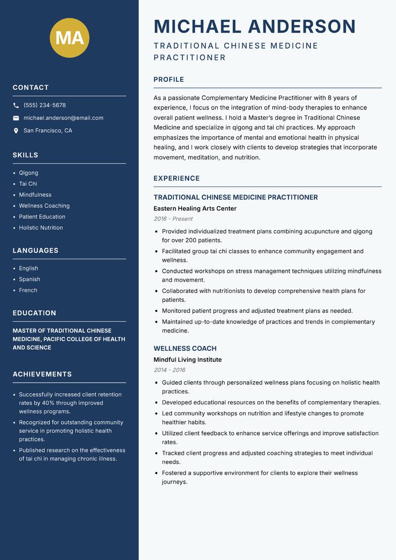 Complementary Medicine Practitioner Resume Preview Example