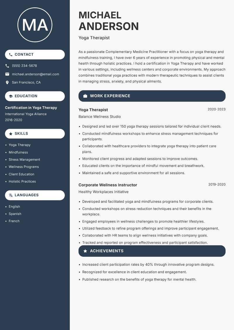 Complementary Medicine Practitioner Resume Preview Example