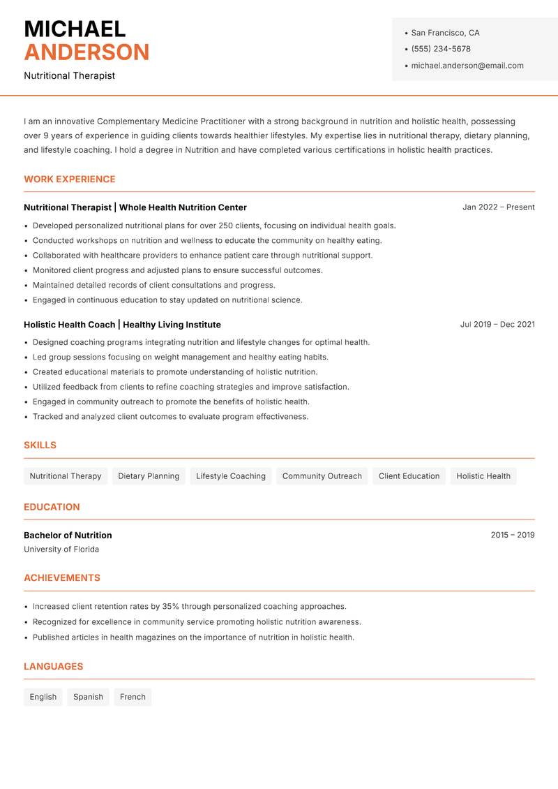 Complementary Medicine Practitioner Resume Template