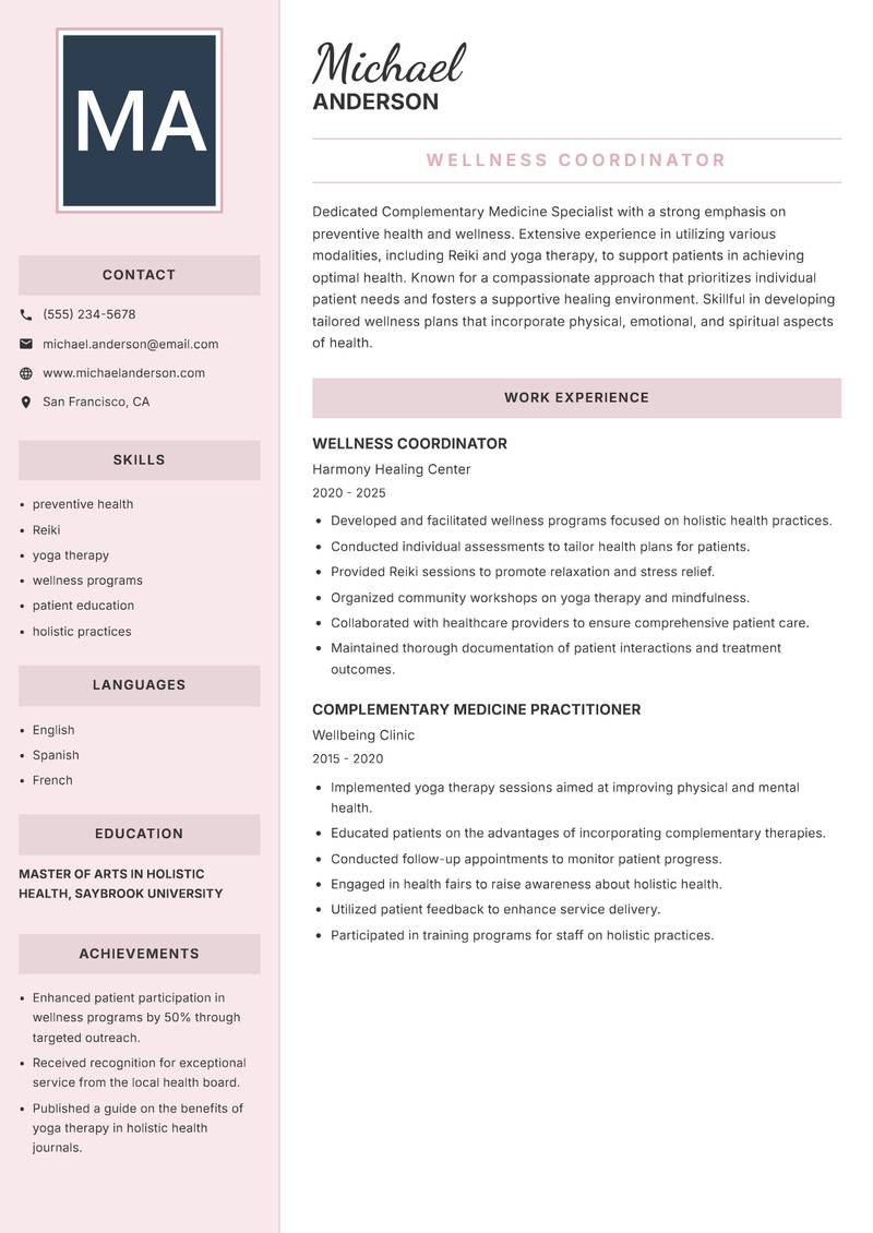 Complementary Medicine Specialist Resume Preview Example