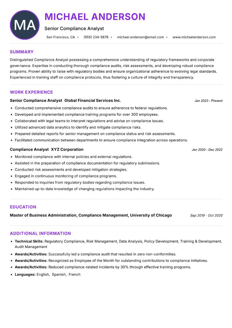 Compliance Analyst Resume Preview Example
