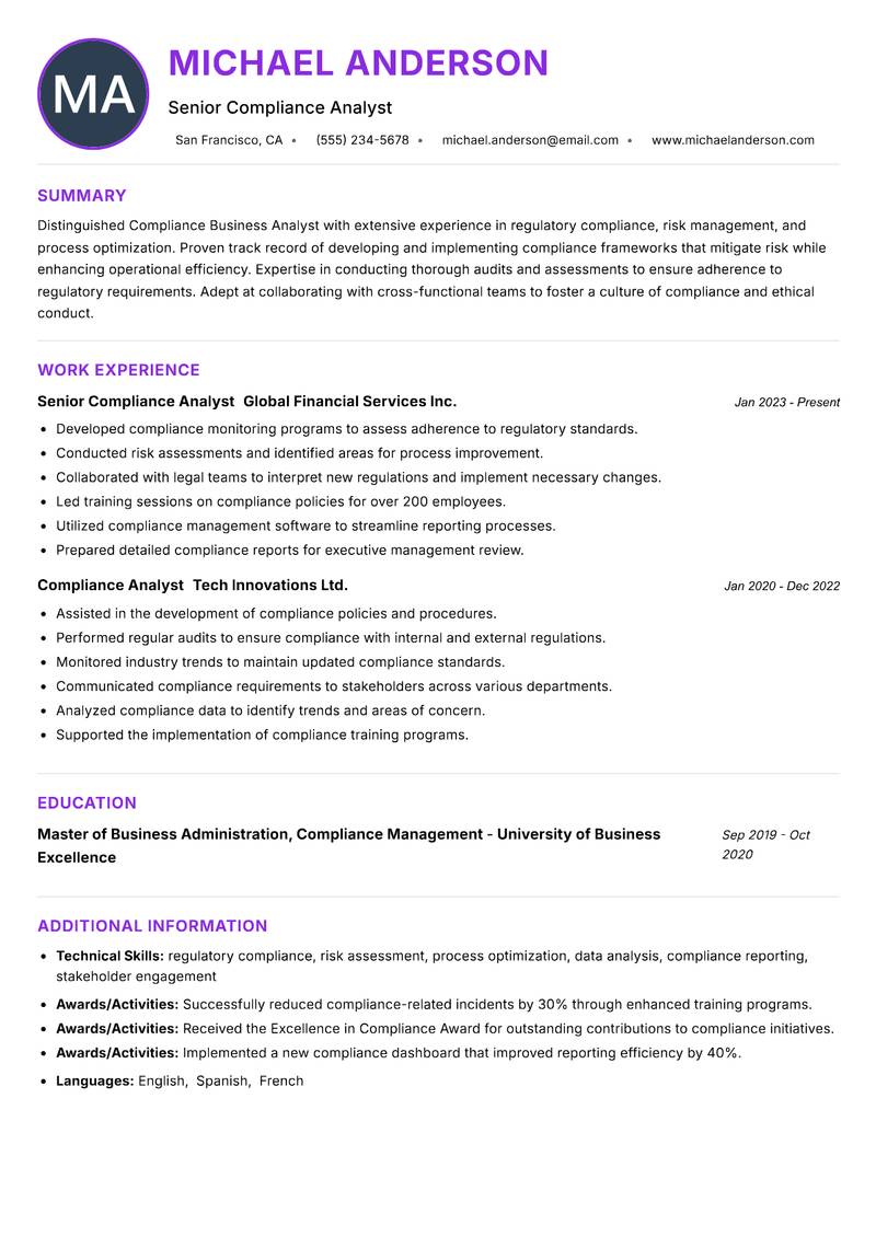 Compliance Business Analyst Resume Preview Example