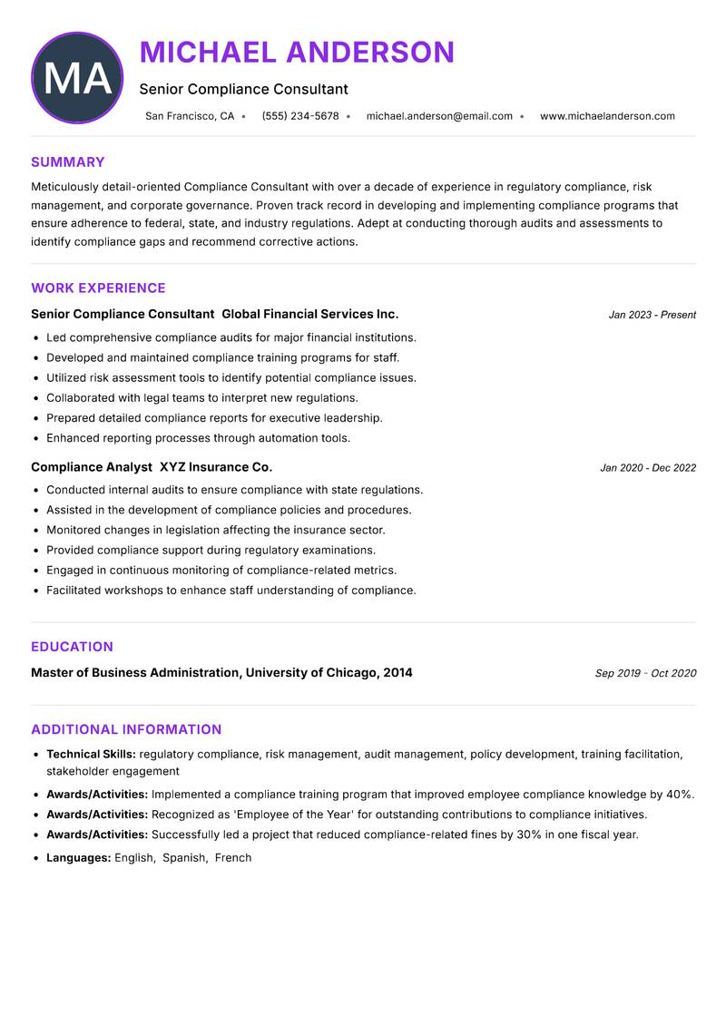 Compliance Consultant Resume Preview Example