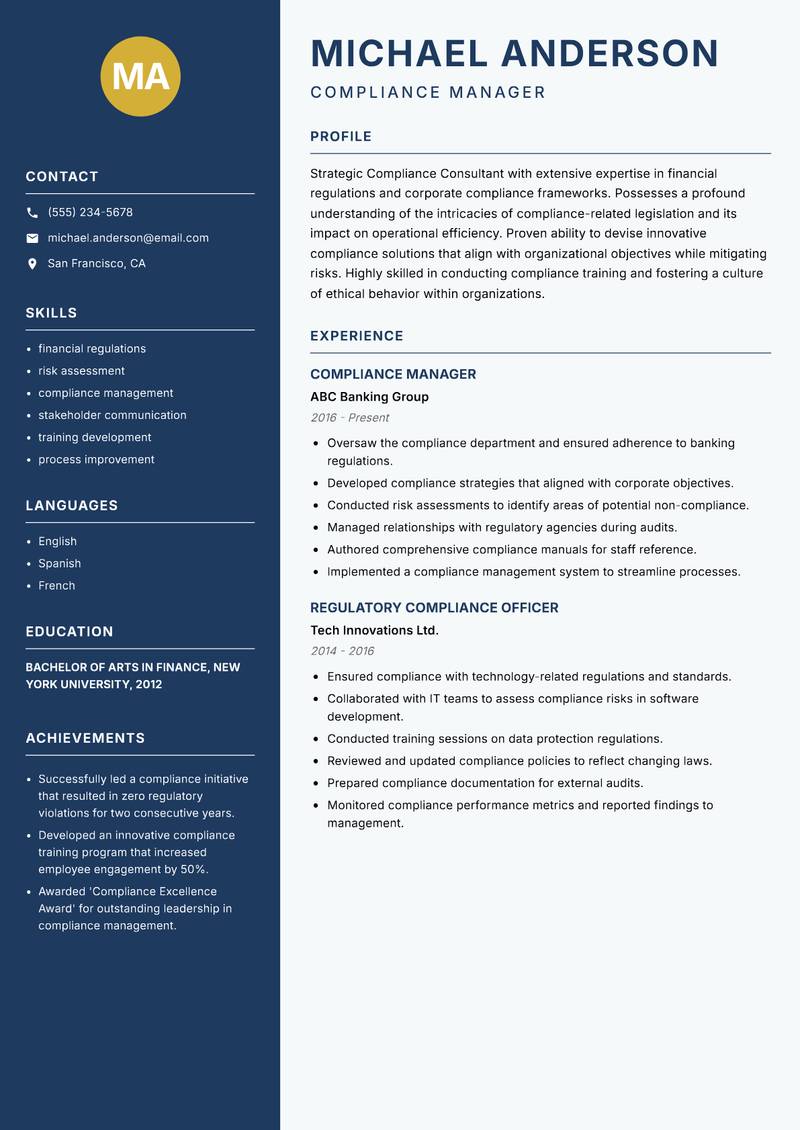 Compliance Consultant Resume Preview Example