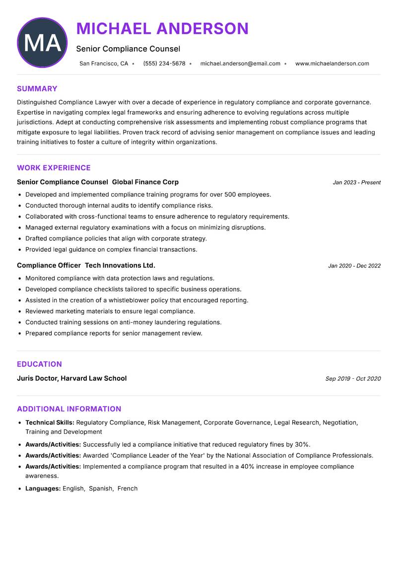 Compliance Lawyer Resume Preview Example