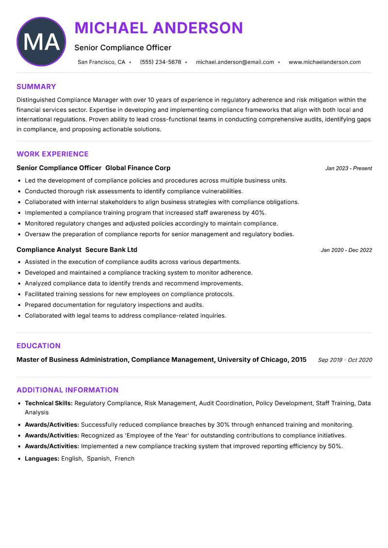 Compliance Manager Resume Preview Example
