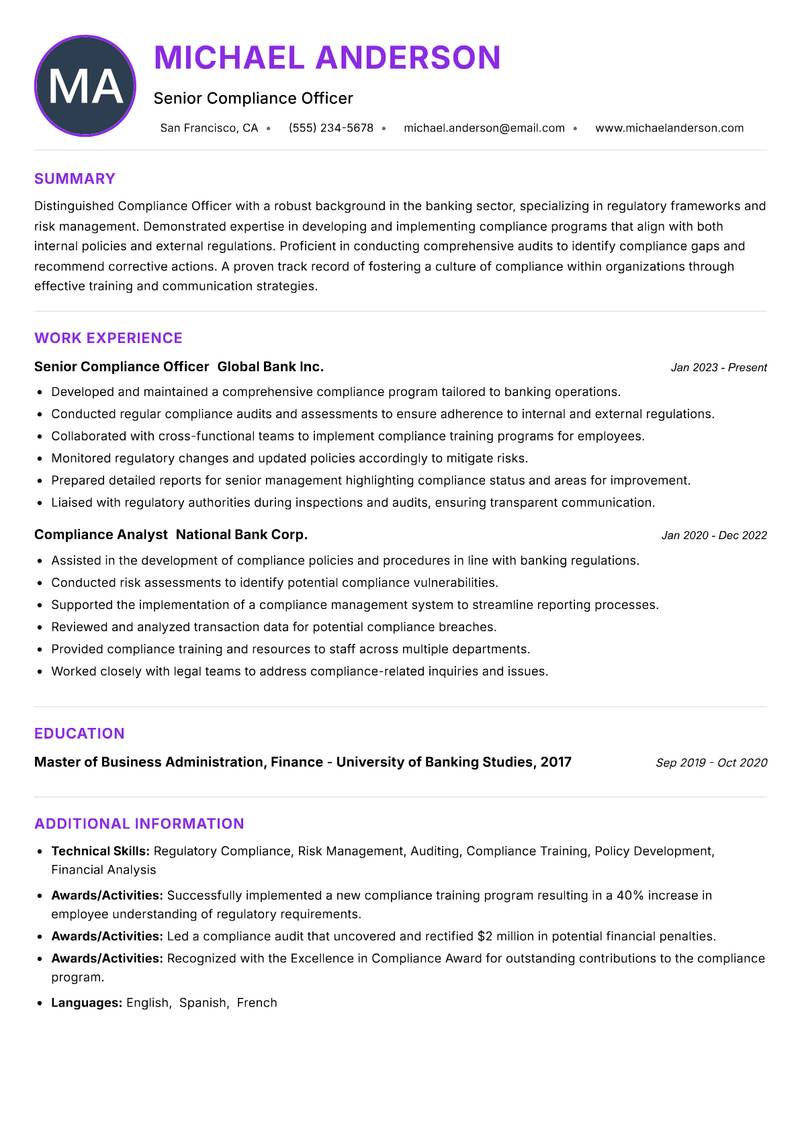 Compliance Officer Banking Resume Preview Example
